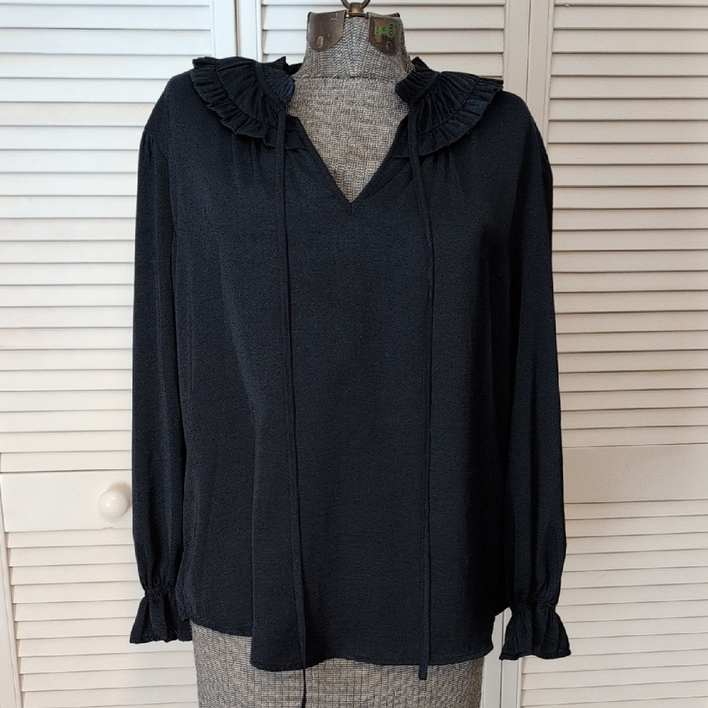 Pleione Navy Ruffled Blouse